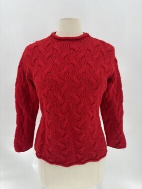 Millmas Baby Alpaca Sweater Womens Large Red Cable Knit Pullover Crewneck Peru